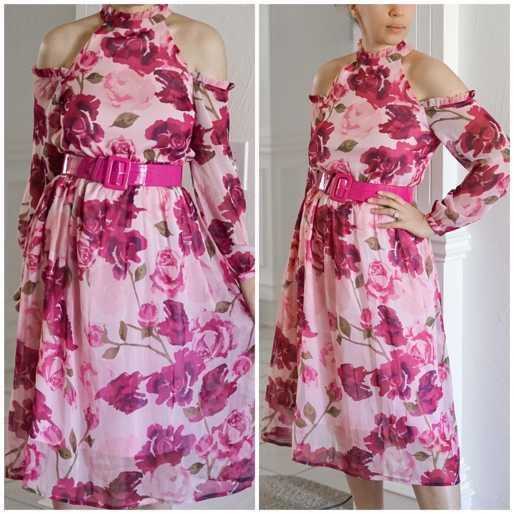 Pink Floral Off Shoulder Midi Dress - Picture 7 of 12